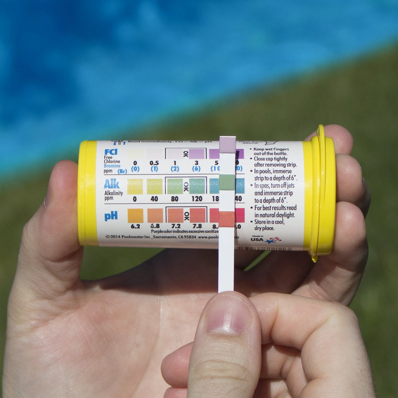 Poolmaster 22211 Smart 4-Way Swimming Pool and Spa Water Chemistry Test Strips, 1 Pack, Made in the USA, White and yellow 4 Way Test Strips