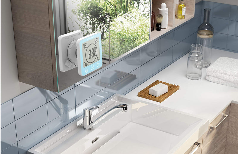 KADAMS Digital Bathroom Shower Kitchen Clock Timer with Alarm, Waterproof for Water Splashes, Visual Countdown Timer, Time Management Tool, Indoor Temperature Humidity, Suction Cup, Hole Stand - Blue