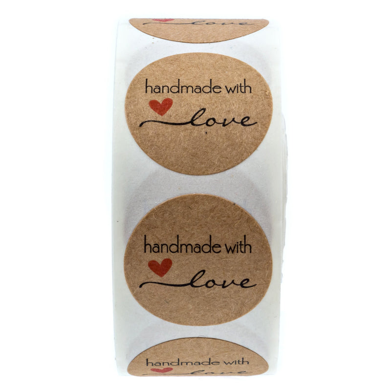 1" Inch Round Natural Kraft Handmade with Love Stickers/500 Labels per roll