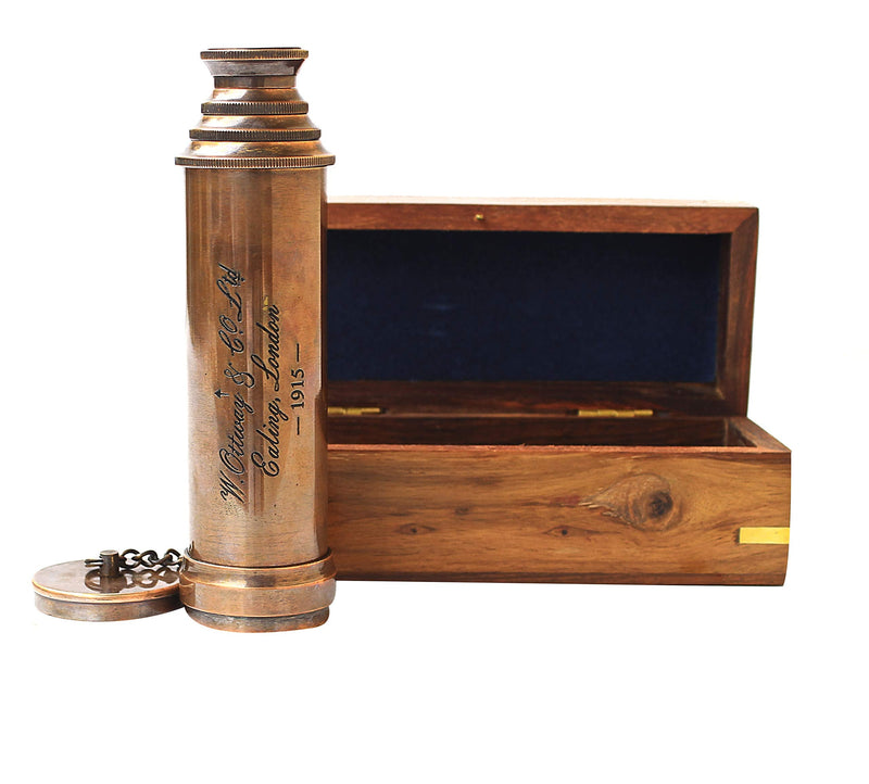 Vintage Copper Finish Telescope with Wooden Box Marine Gift London 1917