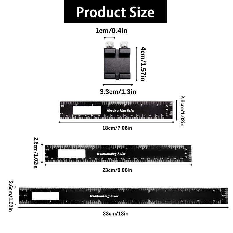 Precision Pocket Rulers,3-Pack Flexible Premium Straight Edge Metal Rulers Kit,Professional Woodworking Track Ruler Measuring Marking Tool,Metric British Scale Gauge Ruler with Slide Stop 6/8/12 Inch