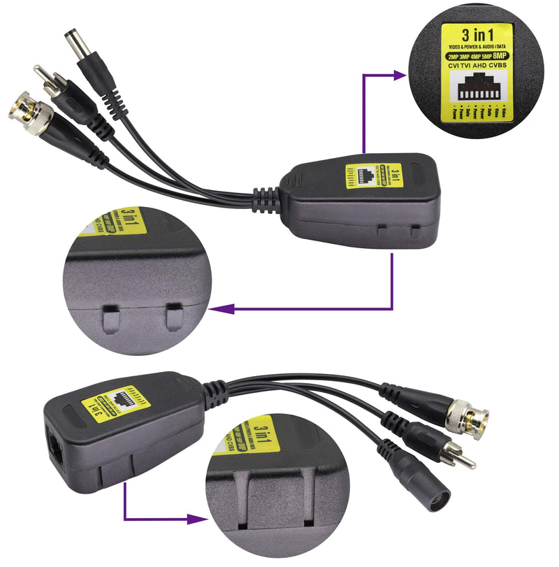 AAOTOKK BNC to RJ45 Transmitter Transceiver DC Power Passive Audio Video Balun HD-CVI/TVI/AHD/CVBS with DC Jack for 720P-1080P 3MP 4MP 5MP 8MP CCTV Security DVR Surveillance Camera System(19cm/4Pairs) 4Pairs