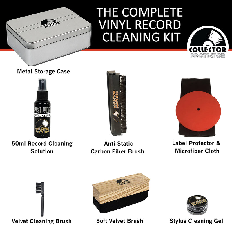 Vinyl Record Cleaning Kit - The Complete Set - Includes Soft Velvet & Carbon Fiber Record Brushes, LP Cleaner Solution, Turntable Stylus Gel, Microfiber Cloth, Label Protector & Metal Storage Case