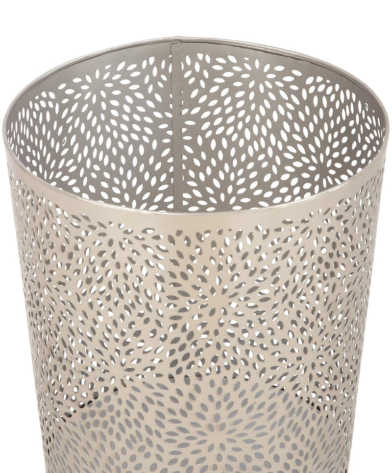CosmoLiving by Cosmopolitan Metal Cylinder Small Waste Bin with Laser Carved Floral Design, 9" x 9" x 10", Silver Petals