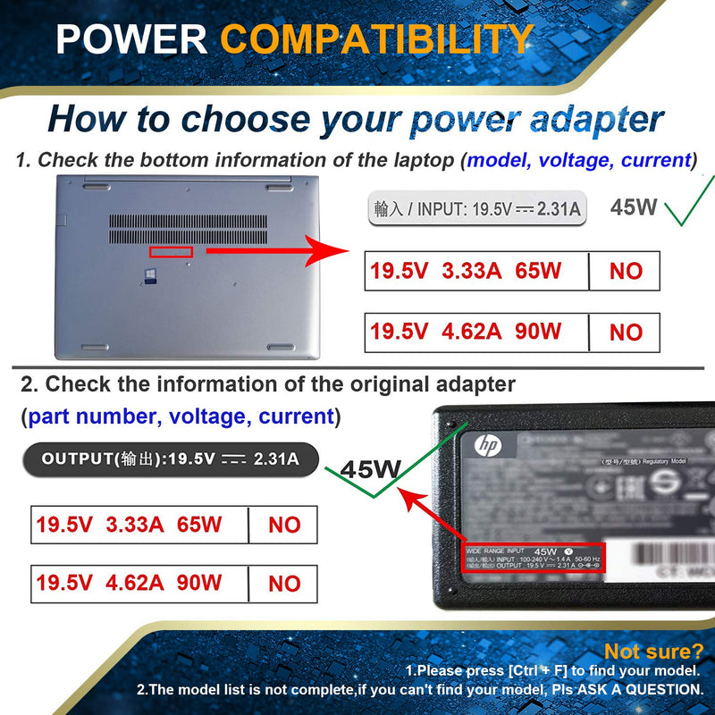 45W 19.5V 2.31A AC Adapter Laptop Charger Compatible for HP Notebook 15 Charger 15-ba009dx 15-ba079dx 15-ba113cl 15-bs015dx 15-bs113dx 15-bs115dx 15-bw011dx 15-bw032wm Laptop PC Power Supply Cord