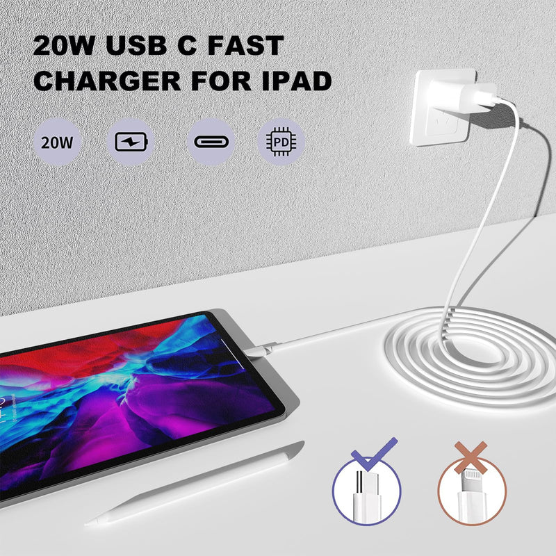 iPad Charger,20W Apple USB C Fast Charger,2Pack 6Ft Type C Fast Wall Charger Block for iPad Pro 12.9/11 inch 2022/2021/2020/2018, iPad Air 5th/4th, iPad 10th Generation/Mini 6 (White) White