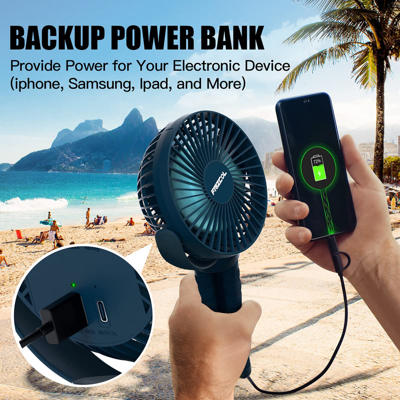 Portable Stroller Fan, Use As Power Bank 55H 12000mAh Battery Operated Fan Tripod Baby Car Seat Fan, Personal Mini Handheld/Desk/Small Clip On Fans For Stroller, Carseat, Bike, Beach, Bedroom, Camping Darkblue