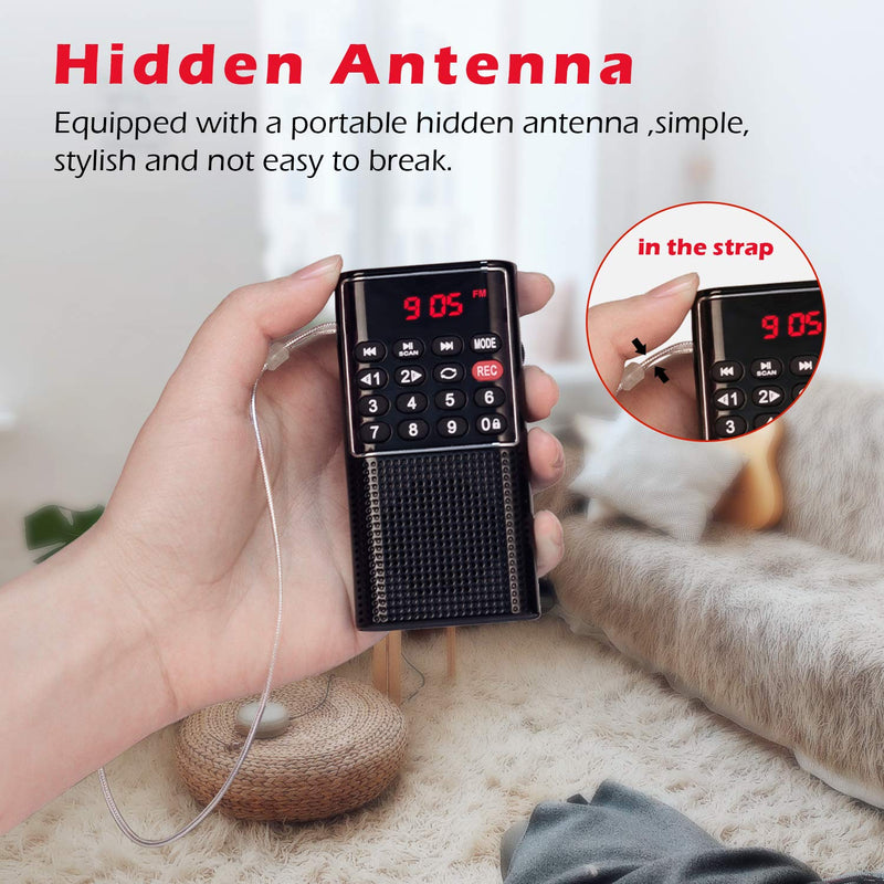 Mini Pocket FM Walkman Radio Portable Battery Radio with Recorder, Lock Key, SD Card Player, Rechargeable Battery Operated, by PRUNUS(NO AM) Black