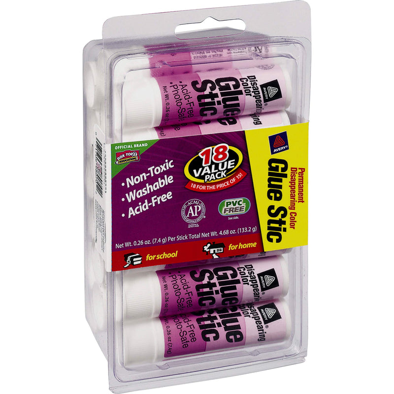 Avery Glue Stic Disappearing Purple Color, 0.26 oz., Washable, Nontoxic, Permanent Adhesive, 18 Glue Sticks (98079) 18 Pack