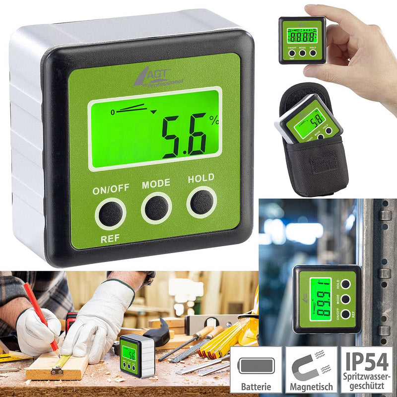 AGT Professional Inclinometer: Digital Protractor, Illuminated LCD Display, Aluminum, IP54, 0-360° (Spirit Level, Digital Inclinometer, Digital)