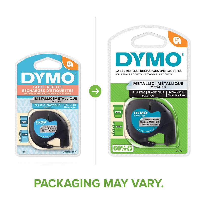 DYMO LetraTag Labeling Tape for LetraTag Label Makers, Black Print on Metallic Silver Tape, 1/2'' W x 13' L, 1 roll (91338)