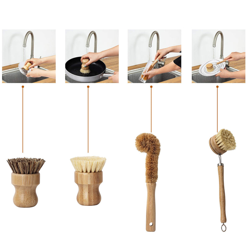 Earth's Own Natural Bamboo Dish Scrub Brush 4 Piece Set - Made From 100% Natural Bamboo -Natural Bristle - Plastic Free Dishes Scrub Brush For Dishes, Pot, Pans.