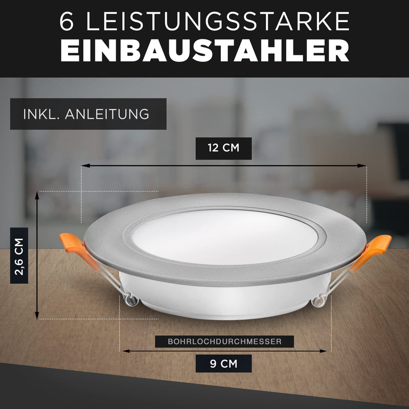 Luxari LED recessed spotlight 230V flat − Radiant LED recessed lights [set of 6 8W] − Bathroom LED spot [3000K warm white] − Ceiling spotlight − IP54 silver