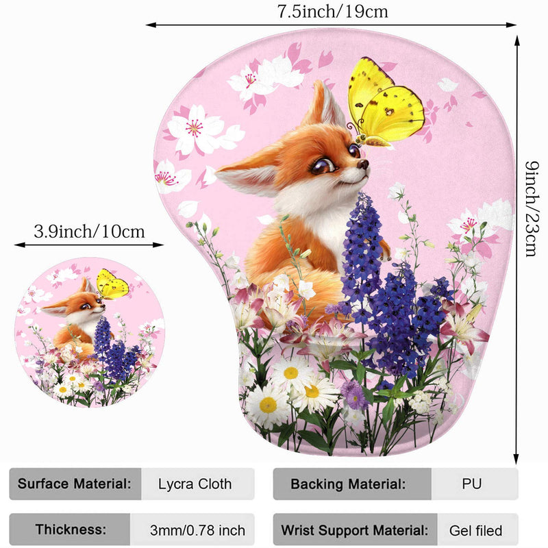 2 Pack Gaming Mouse Pad and Coaster, Ergonomic Mouse Pad with Wrist Support Gel, Non-Slip PU Base, Easy Typing Pain Relief Effect, Suitable for Office and Home (Flower Cute Little Fox and Butterfly) Flower Cute Little Fox and Butterfly