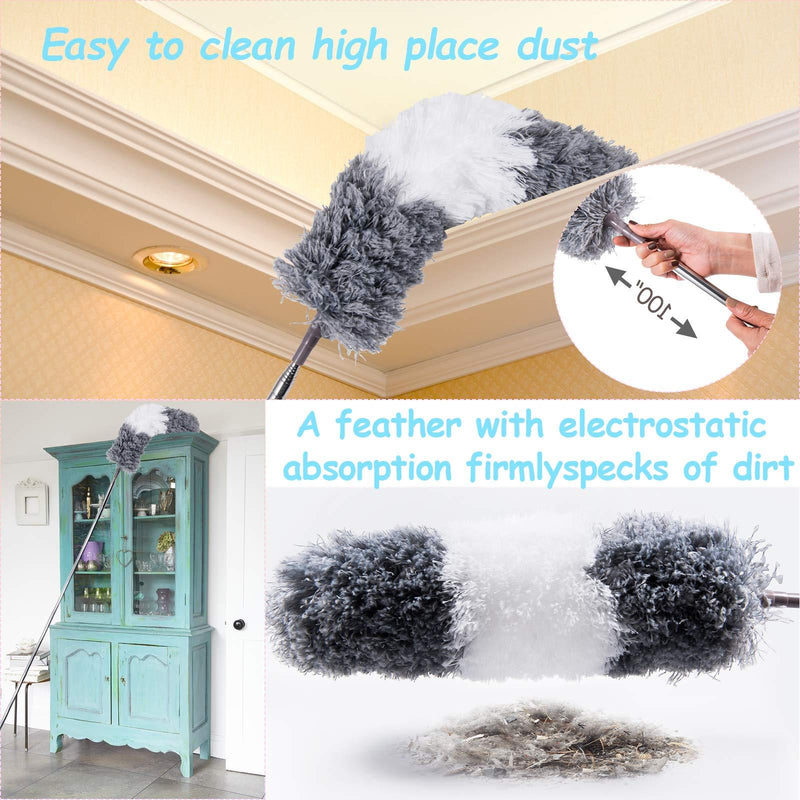 Microfiber Duster, with Extension Pole(Stainless Steel) 30 to 100 Inches, Reusable Bendable Dusters, Washable Lightweight Dusters for Cleaning Ceiling Fan, High Ceiling, Blinds, Furniture, Cars
