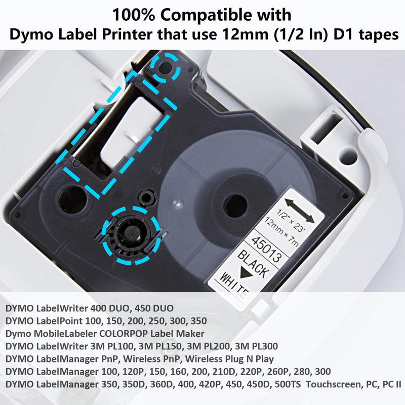 Hehua Compatible Label Tape Replacement for Dymo D1 Label Tape 45013 12mm x 7m Refill for LabelManager 160 280 210D 360D 420P Wireless Plug N Play 220P 260P 450D 500TS 450DUO ( Black on White, 7 Pack)