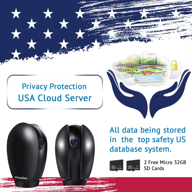 LaView Security Cameras for Home + 2X 32GB SD Cards, PT Home Security Camera with Motion Detection, Two-Way Audio, Night Vision, Indoor WiFi Camera for Baby/pet, Alexa, USA Cloud Service, Black (R3) 2 Pack with SD Cards