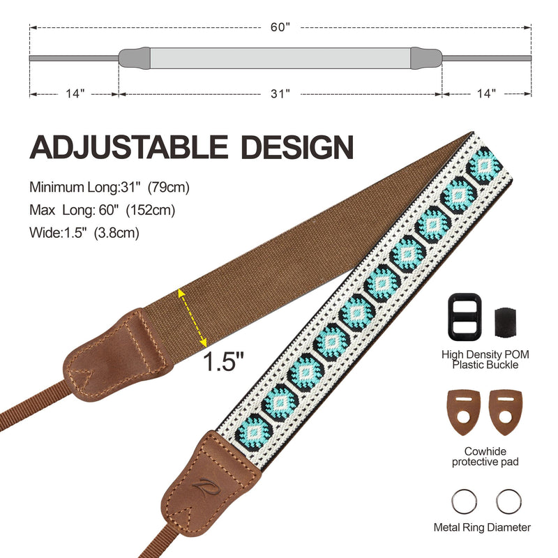 Camera Strap - 1.5" Cowhide Head Shoulder Neck Strap ,Retro Jacquard Embroidery Multi-pattern camera straps for Cameras and Binoculars,Cute Adjustable Thin Strap for Adults & Kids(Vintage White） Vintage White 1.5 inch Wide / Adjustable 31~60 inch