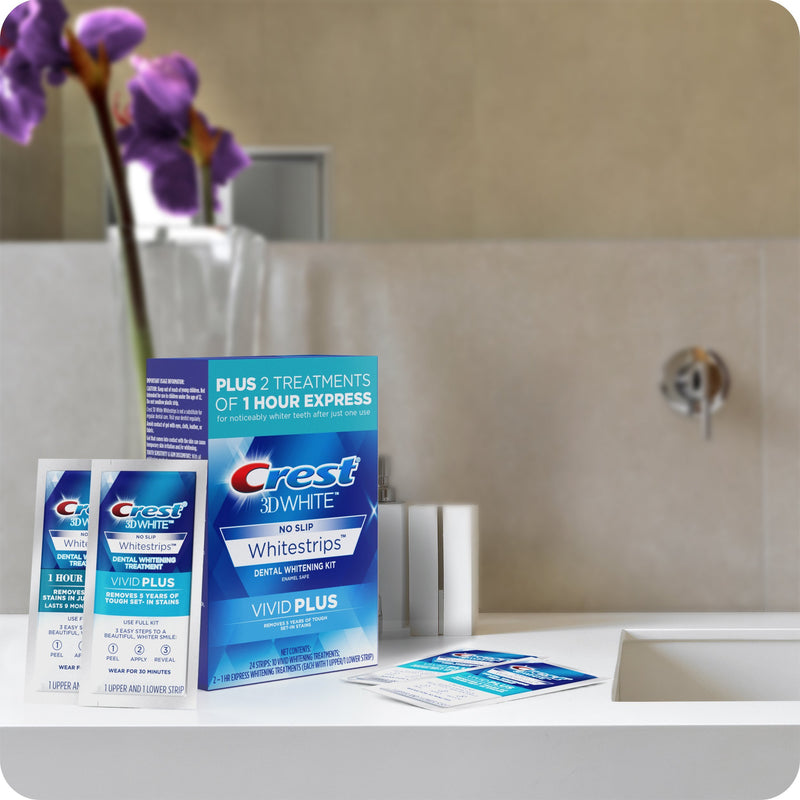 Crest 3D White Whitestrips Vivid Plus Teeth Whitening Kit, Individual Strips (10 Vivid Plus Treatments + 2 1hr Express Treatments), Basic Flavorless Whitestrips, 24 Count