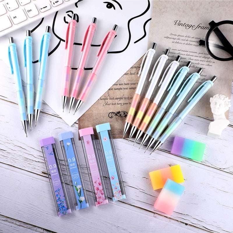 23 Pieces 0.9 mm Mechanical Pencil Set, Includes 12 Pieces Mechanical Pencils, 8 Tubes of Pencil Refills, 3 Pieces Erasers for School and Office Drawing Crafting