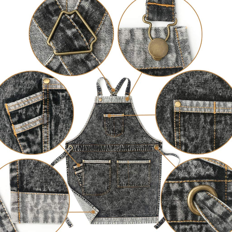 Jeanerlor - Denim Hair Stylist Tool Apron with Pockets for Women - Jean Work Apron Cross Straps & Adjustable S to M (Black) Medium Black