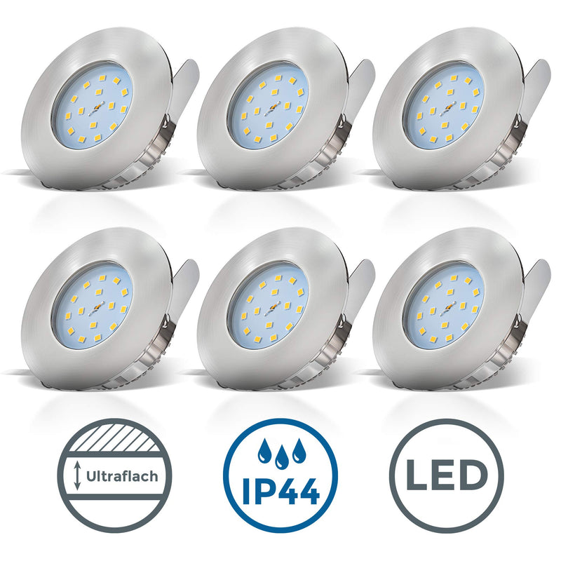 BKLicht - Set of 6 LED bathroom recessed spotlights 230V flat, warm white light color, hole size 60mm, LED spot, ceiling spots, LED spots, recessed lights, recessed spots LED, bathroom, 75x30 mm, matt nickel silver
