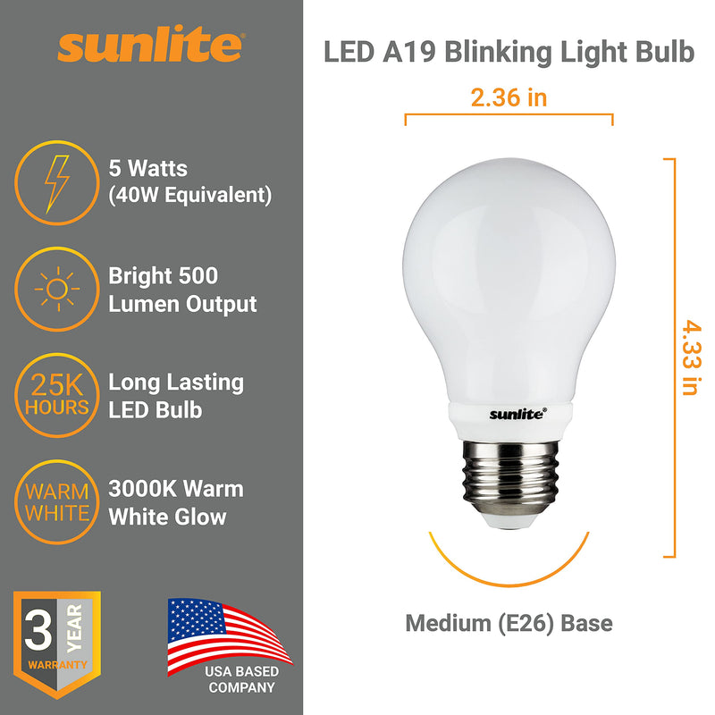 Sunlite 80204 LED A19 Blinking Light Bulb 5 Watts (40W Equivalent), 500 Lumens, Medium E26 Base, Blinker Flashing Feature, Frost Finish, 1 Count (Pack of 1), 3000K Warm White