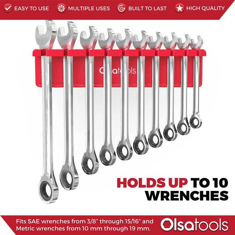 Olsa Tools Magnetic Wrench Organizer (Red) | Wrench Holder Fits Wrenches SAE 3/8" Thru 15/16" & Metric 10mm Thru 19mm | Professional Grade Red