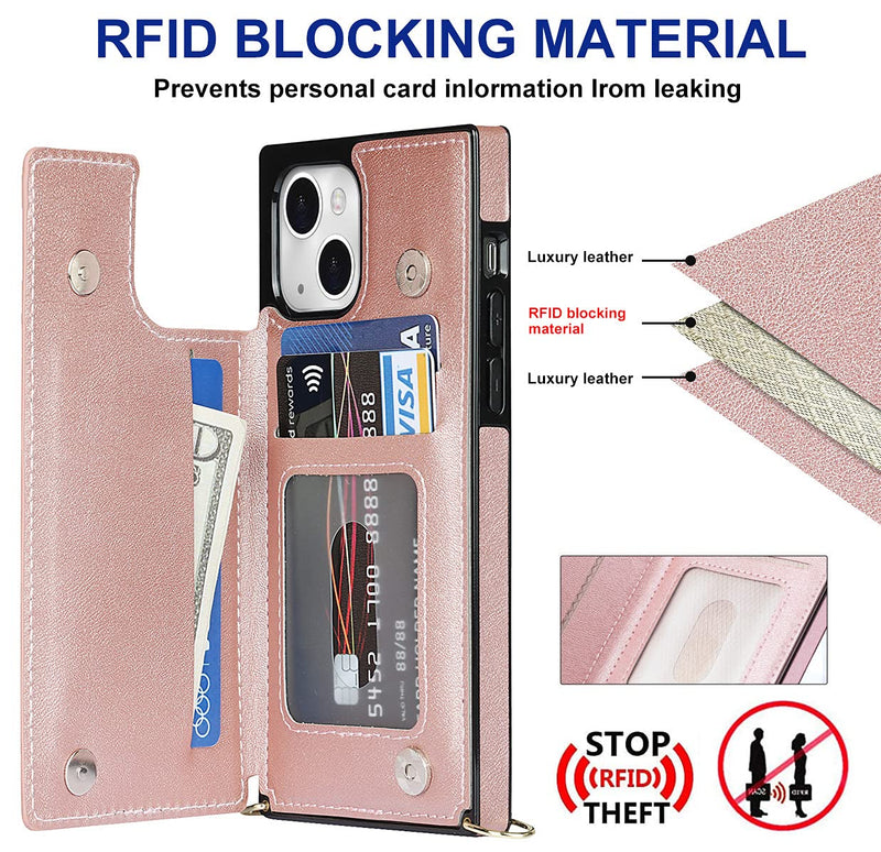 DEFBSC Compatible with iPhone 14 Case, Crossbody Wallet Case, Adjustable Detachable Lanyard Neck Strap with Kickstand Leather Card Holder Protective Cover for iPhone 14 6.1"-Rose Gold Rose Gold