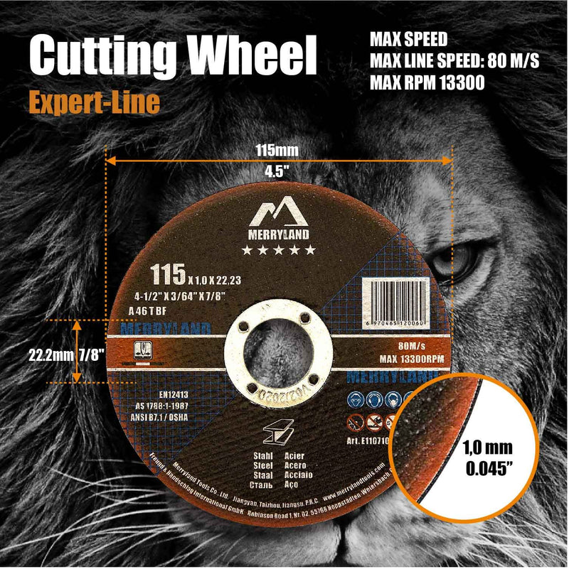 Merryland Cut Off Wheel 4 1/2 inch for Angle Grinder, Metal Cutting Wheel 4.5 X .045 X 7/8 Ultra Thin 25 Pack, Iron Steel Cutting Disc, Expert-Line E11071042 4-1/2 X 0.045 for Steel Metal Iron