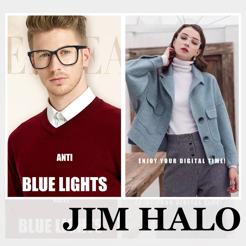 JIM HALO 2 Pack Anti Blue Light Glasses for Women Men, Oversized Square Computer/Gaming/TV/Phones Glasses Bluelight Blocking Black + Transparent