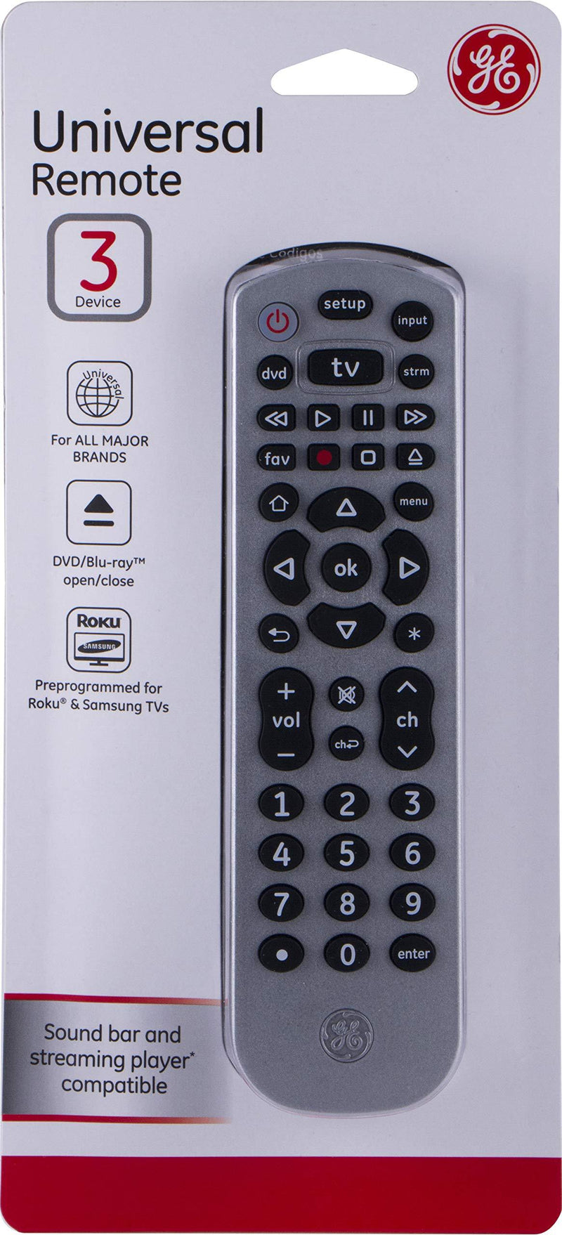 GE Universal Remote Control for Samsung, Vizio, Lg, Sony, Sharp, Roku, Apple TV, TLC, Panasonic, Smart TVs, Streaming Players, Blu-Ray, DVD, 3-Device, Silver, 34928 3-Device Silver