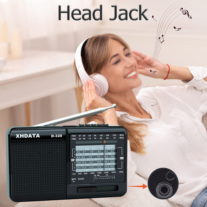XHDATA D-328 Shortwave AM FM DSP Portable Small Multi Band Radio Stereo MP3 Player with Rechargeable Battery Earphone Jack Portable Multimedia Speaker with USB Micro SD Card Jack (Black) Black