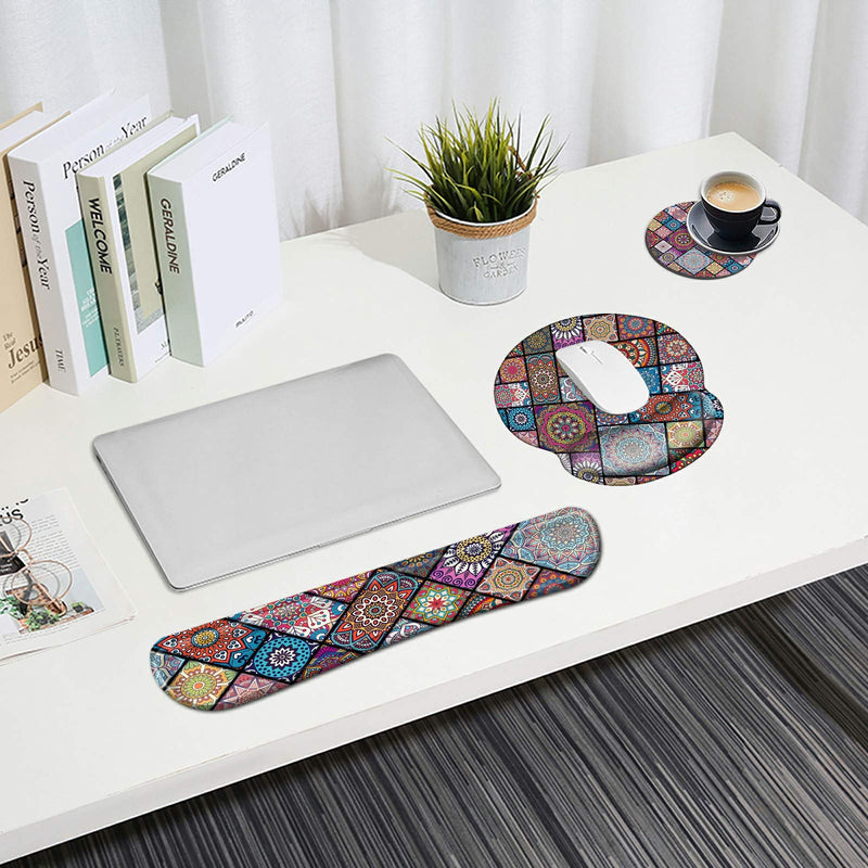 Ergonomic Keyboard Wrist Rest and Mouse Pad Wrist Rest Support Set, Non Slip Rubber Base Wrist Support Mousepad with Memory Foam for Laptop/Gaming +Coffee Coaster,Mandala Mandala