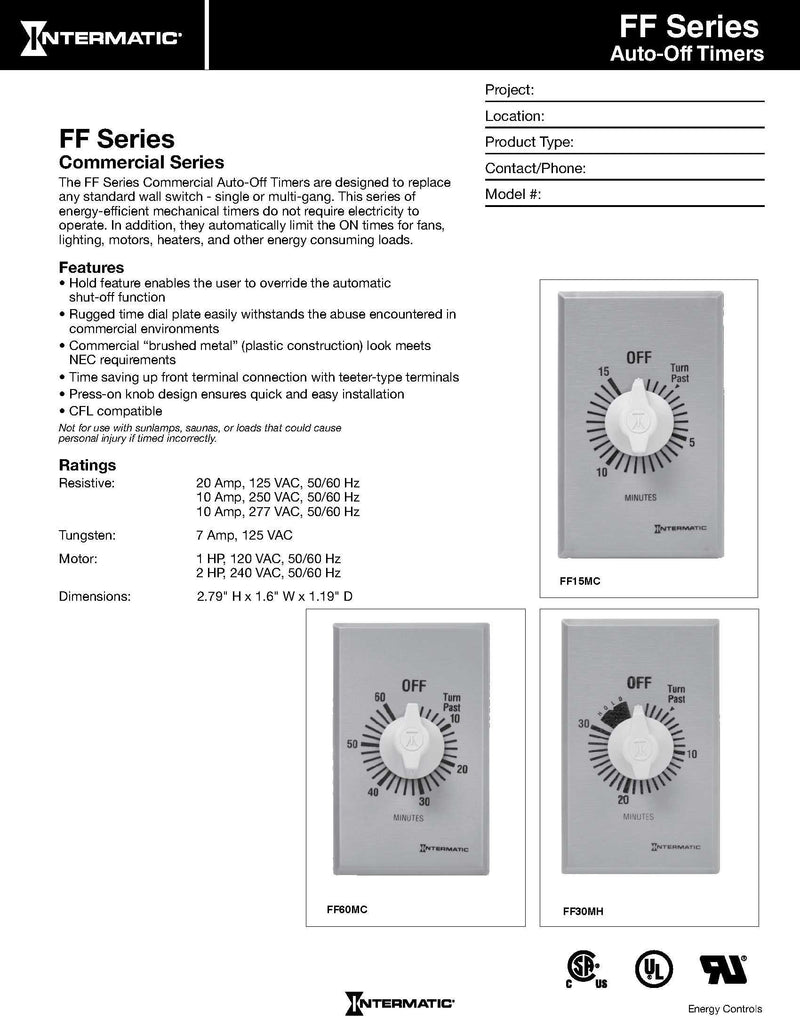 Intermatic FF315M 15-Minute Spring Loaded Wall Timer, Brushed Metal Finish SPDT