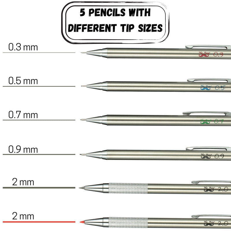 Mr. Pen- Metal Mechanical Pencil Set with Lead and Eraser Refills, 5 Sizes, 0.3, 0.5, 0.7, 0.9, 2mm, Drafting, Sketching, Architecture, Drawing Mechanical Pencils, Metal Mechanical Pencils