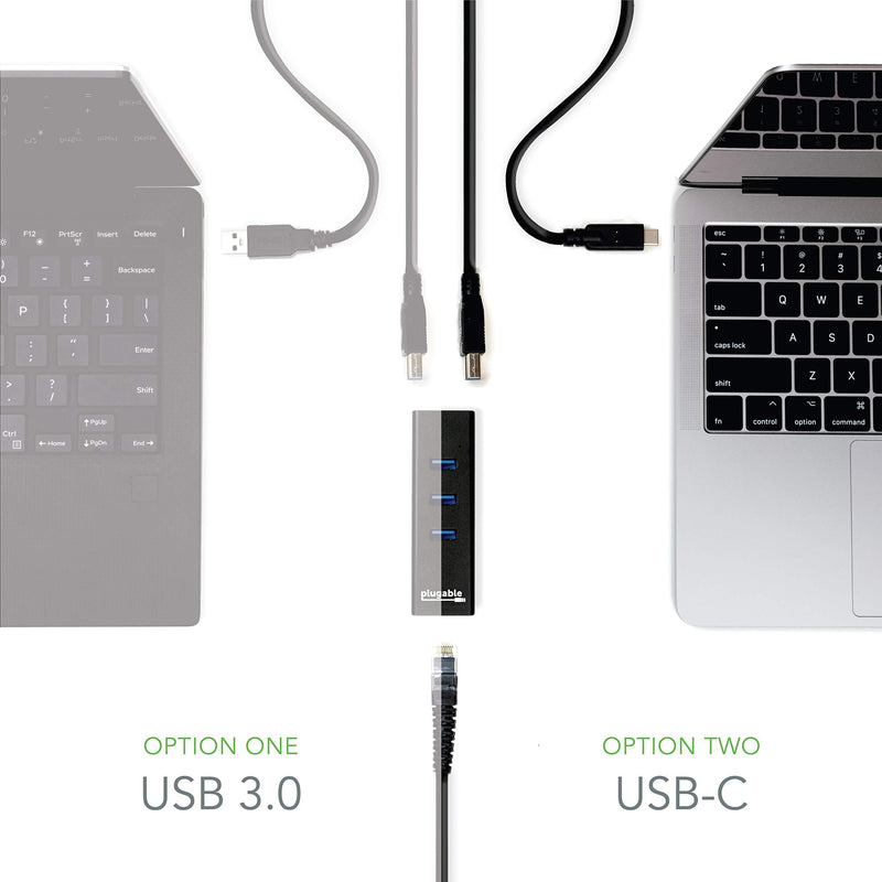 Plugable USB Hub with Ethernet, 3 Port USB 3.0 Bus Powered Hub with Gigabit Ethernet Compatible with Windows, MacBook, Linux, Chrome OS, Includes USB C and USB 3.0 Cables