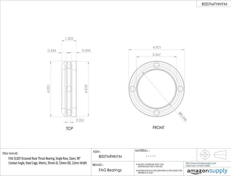 FAG 51107 Grooved Race Thrust Bearing, Single Row, Open, 90° Contact Angle, Steel Cage, Metric, 35mm ID, 53mm OD, 12mm Width