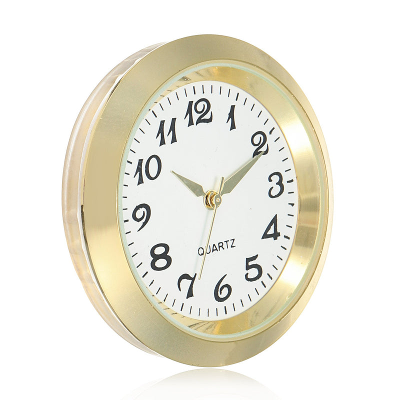 ShoppeWatch Mini Clock Insert Quartz Movement Round 1 7/16 (35mm) Miniature Clock Fit Up White Dial Gold Tone Bezel Arabic Numerals CK094GD