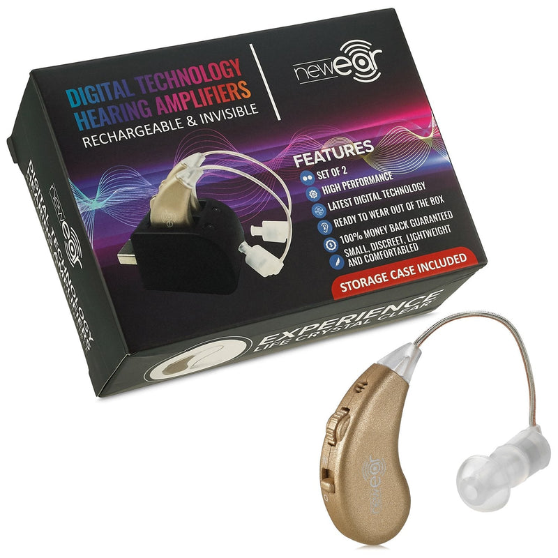 Digital Hearing Amplifiers - Rechargeable BTE Personal Sound Amplifier Pair with USB Dock - Premium Gold Behind The Ear Sound Amplification - by NewEar