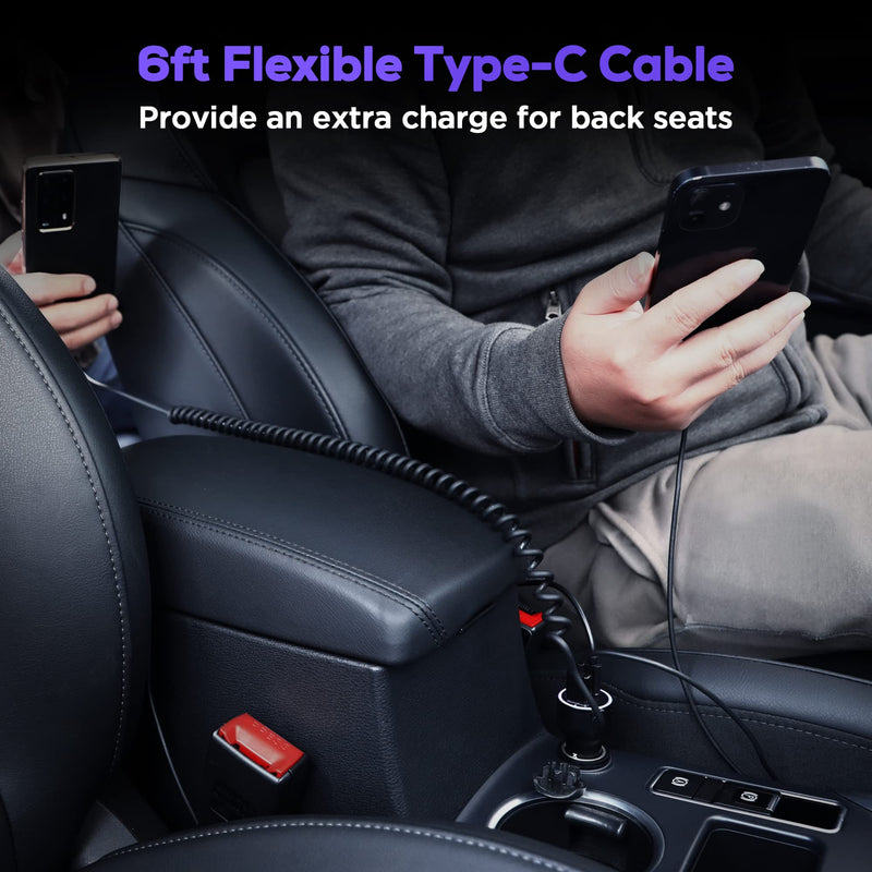 USB C Car Charger, 75W Metal 3-Port Super Fast Car Charger Adapter PD & QC3.0 Built-in 6ft Type C Coiled Cable for Samsung Galaxy S22/21 iPhone iPad Pro Pixel Android Phones Black