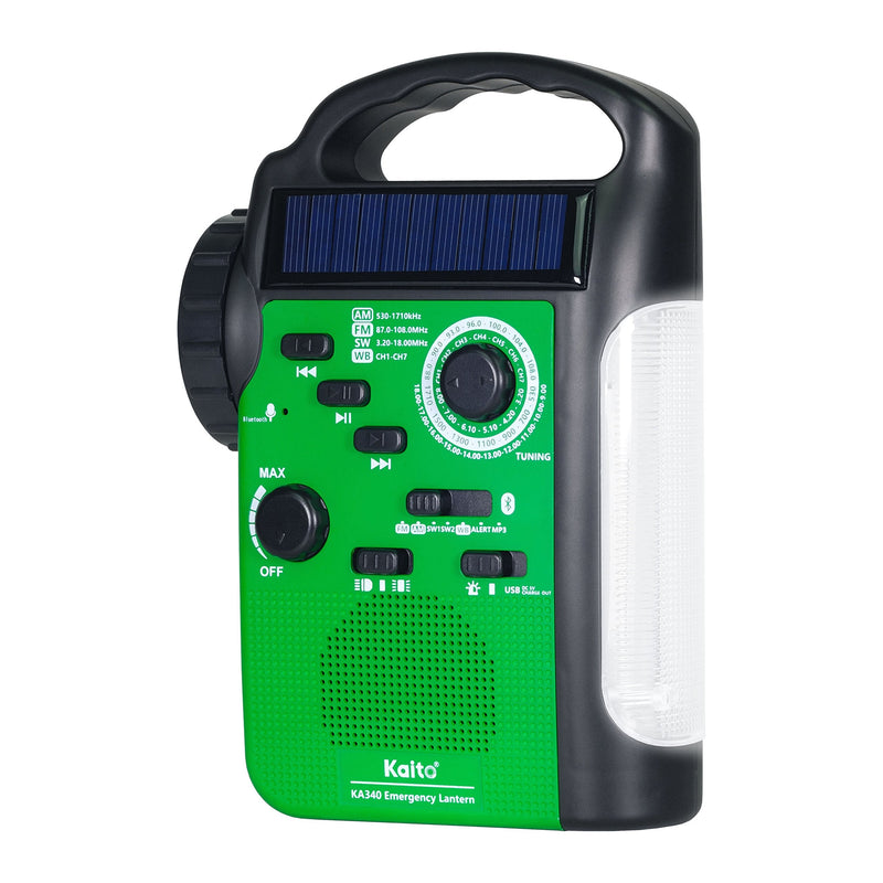 Kaito KA340 5-Way Powered Rechargeable LED Camping Lantern & Emergency AM/FM/SW NOAA Weather Alert Radio with Bluetooth, Flashlight, 5V USB Mobile Phone Charger, MP3 Player & Siren (Green) Green