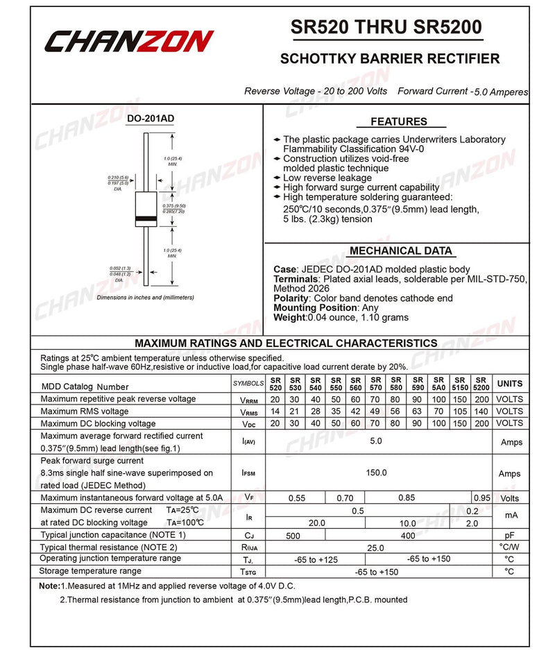 (Pack of 20 Pieces) Chanzon SR560 (SB560) Schottky Barrier Rectifier Diodes 5A 60V DO-201AD (DO-27) Axial 5 Amp 60 Volt