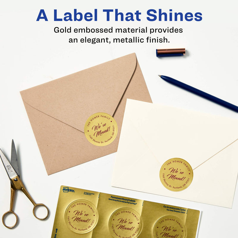 Avery Printable Embossed Foil Round Labels, 2" Diameter, Gold, 96 Customizable Labels (22831) 96 labels