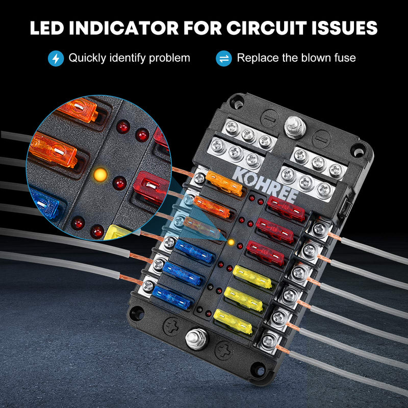 Kohree 12-Way 12V Blade Fuse Block, 12 Volt Automotive Fuse Box Holder Waterproof with Negative Bus 5A 10A 15A 20A Fuse Panel LED Indicator for Auto, RV, Car, Boat, Marine, Truck