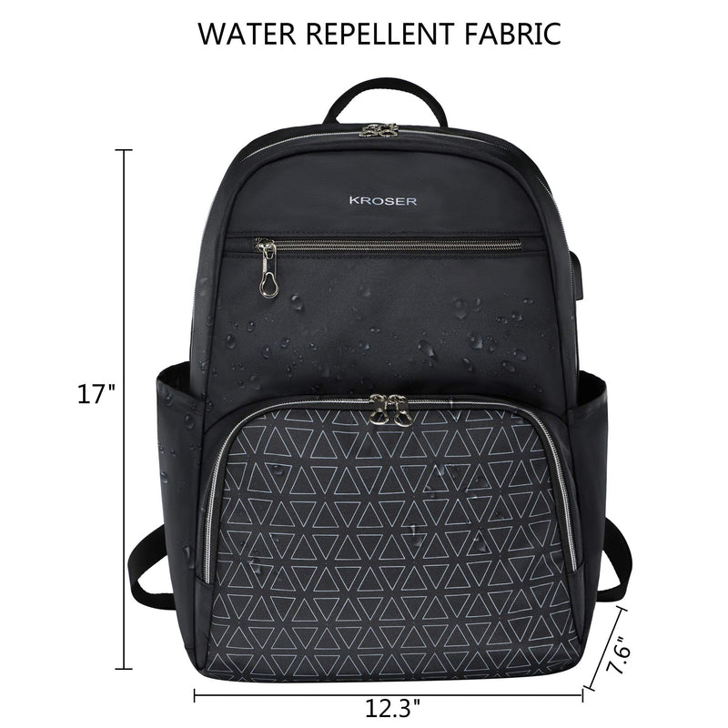 KROSER Stylish Laptop Backpack 15.6 Inch College School Daypack with USB Charging Port, Water-repellent Nylon Computer Backpack Fashion Backpack for Travel/Business/Women/Girls-Black