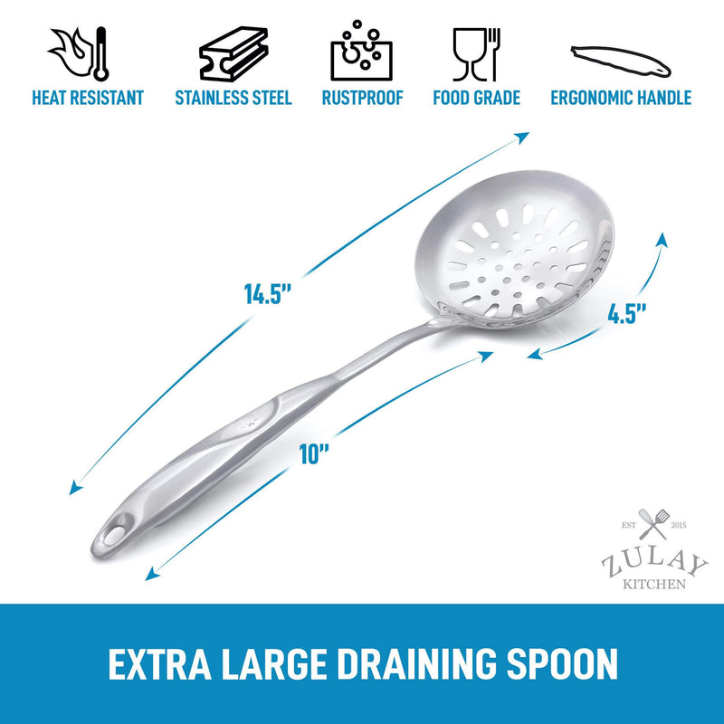 Zulay Kitchen Skimmer Spoon - Stainless Steel Slotted Spoon With Extra Large Bowl, Built-In Hang Hole & Comfortable Grip Handle - Durable Food Grade Strainer Spoon For Draining & Frying (14.5 inch)