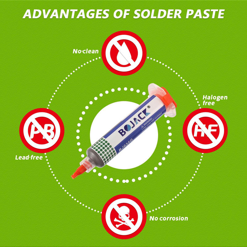 BOJACK Lead Free Solder Flux Tin Paste Sn42 Bi58 Lead Free Solder Paste Low Temperature 138°C Syringe Solder Paste with 2 Dosing Tools and Push Rods for BGA SMT Solder (1.05oz/35g)