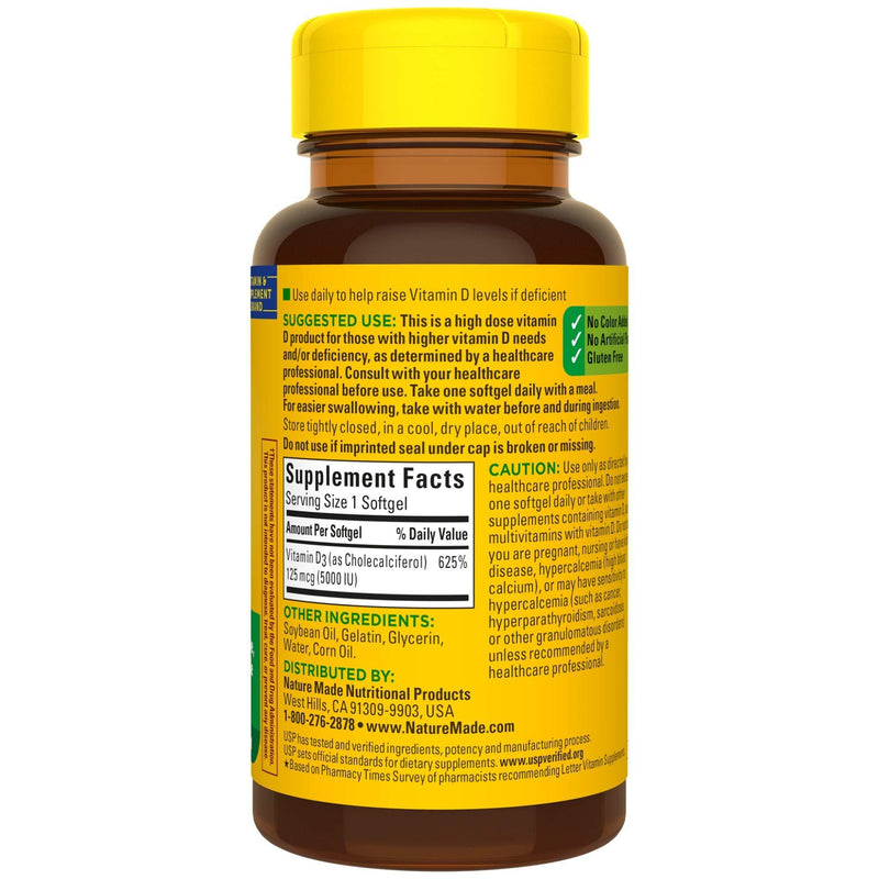 Nature Made Extra Strength Vitamin D3 5000 IU (125 mcg), Dietary Supplement for Immune Support, 90 Softgels, 90 Day Supply 90 Count (Pack of 1)