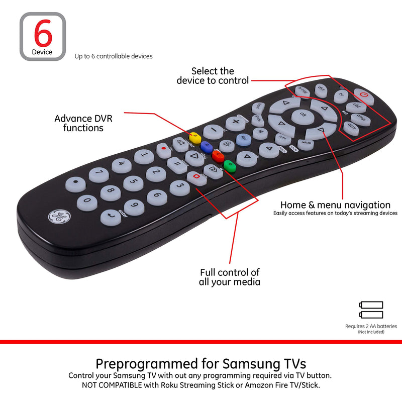 GE Universal Remote Control for Samsung, Vizio, Lg, Sony, Sharp, Roku, Apple TV, TCL, Panasonic, Smart TVs, Streaming Players, Blu-Ray, DVD, 6-Device, Black, 34459